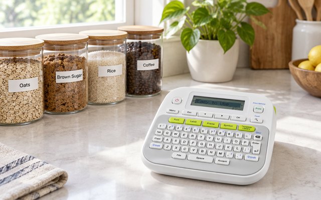 Brother P-touch PT-D210 Label Maker Bundle, label maker on a kitchen counter beside a row of glass jars with neat printed labels, daylight