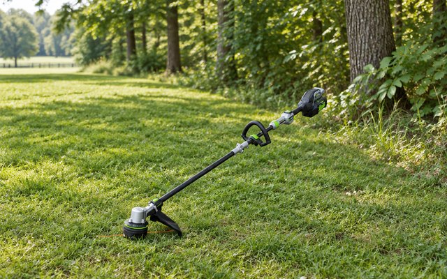 EGO Power+ string trimmer, resting on the grass at the edge of a large rural backyard near a tree line