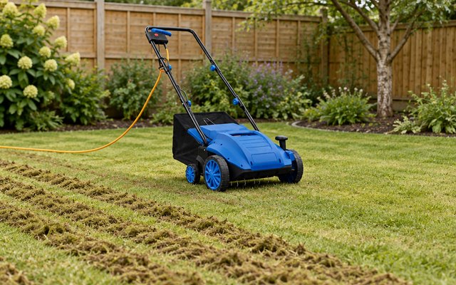 Hyundai lawn scarifier, on a medium-sized lawn in a British back garden with a wooden fence, raked-up moss in lines behind it