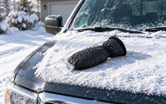 Ice scraper with a fleece-lined mitt on the snowy hood of a pickup truck