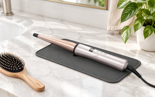 Remington Shine Therapy tapered curling wand, resting on a heat mat in a bright bathroom beside a hairbrush and a small plant