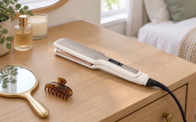 Wide flat iron on a dressing table beside a hand mirror