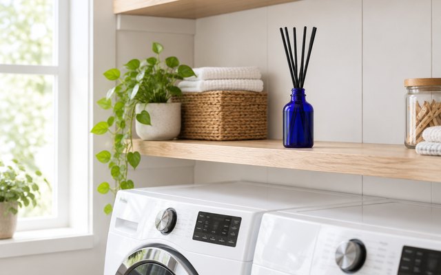 Xcleen Escape reed diffuser, on a shelf above a washer and dryer in a bright laundry room