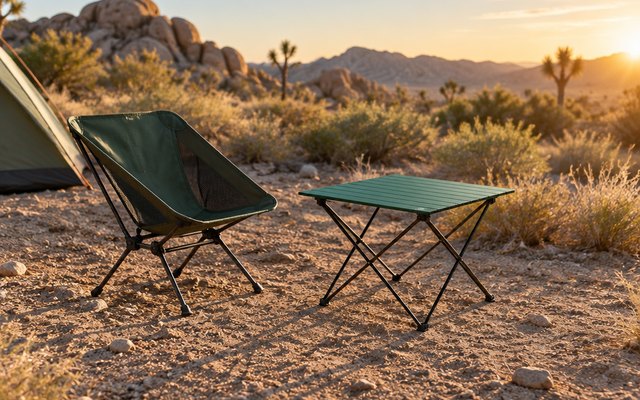 VILLEY camping side table, beside a low camp chair on a desert campsite in late afternoon sun
