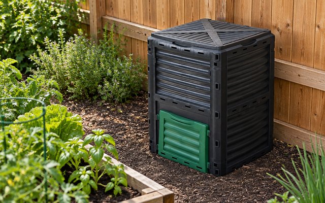 Goplus compost bin, against a cedar fence near a vegetable garden