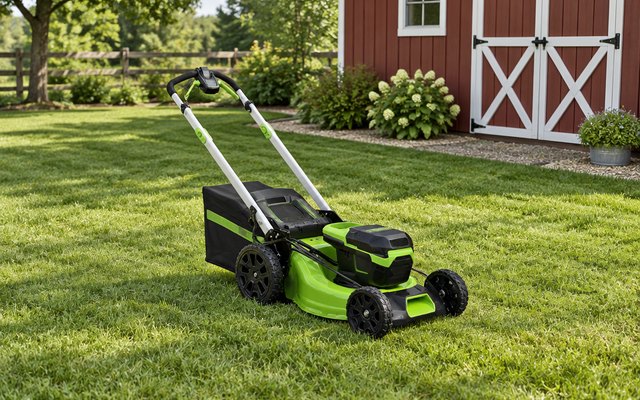 Greenworks 60V self-propelled mower, on a wide backyard lawn with a red barn-style garden shed behind