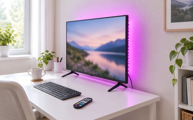 MATICOD TV backlight glowing behind a screen on a desk, its remote beside the keyboard