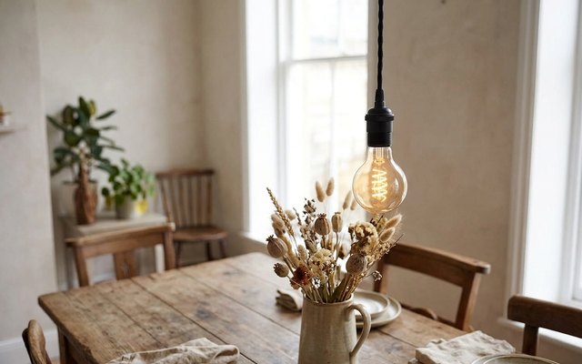 An amber filament smart bulb glowing in a bare pendant over a wooden dining table