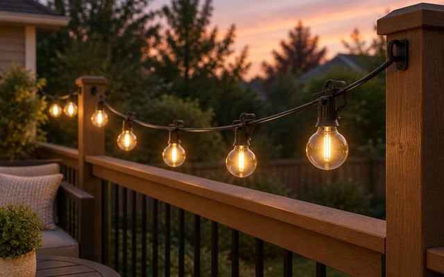 Brightown G40 string lights, strung along the railing of a backyard deck at dusk