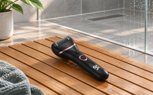 Geopu electric foot file, on a teak bath mat by a walk-in shower with gray tile