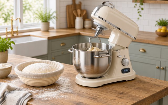 ZACME 8.4-quart stand mixer, on a farmhouse kitchen island beside a proofing loaf of bread dough