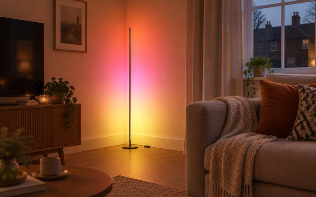 Smart floor lamp, standing in the corner of a British living room beside a sofa, glowing warm colours