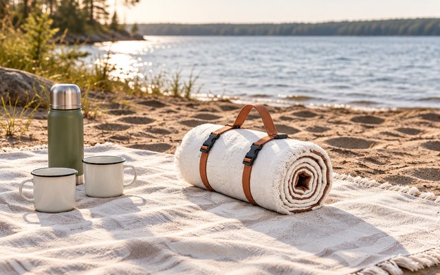 Tiny Land picnic blanket, on a sandy lakeside beach in the late afternoon with a thermos and two cups