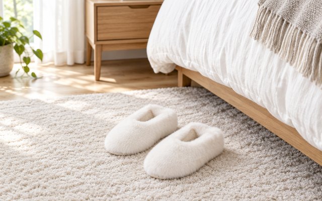 Snug Leaves fuzzy slippers, set beside the bed on a soft rug in a bright bedroom