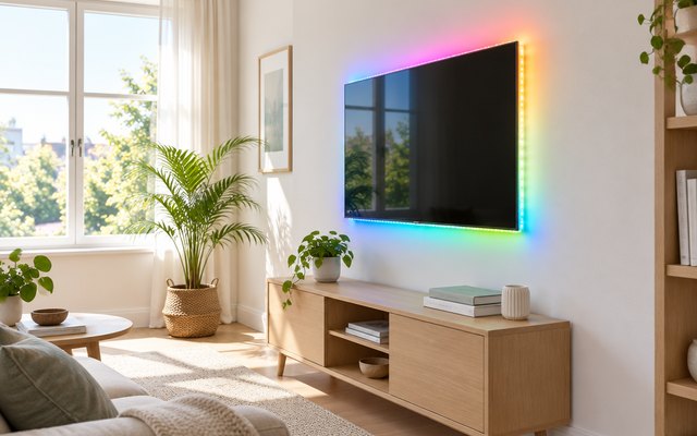 USB TV backlight strip glowing in rainbow colours behind a living-room TV in daylight