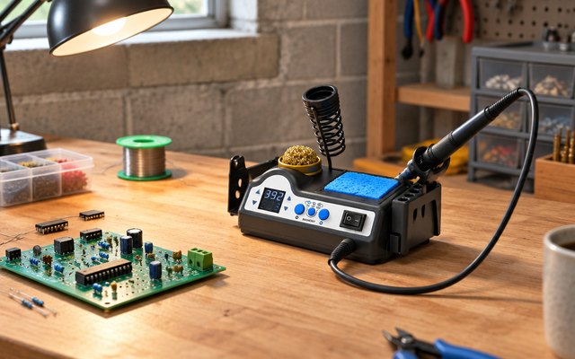 WEP 927-IV soldering station, on a basement hobby workbench beside a half-built circuit board kit and a desk lamp
