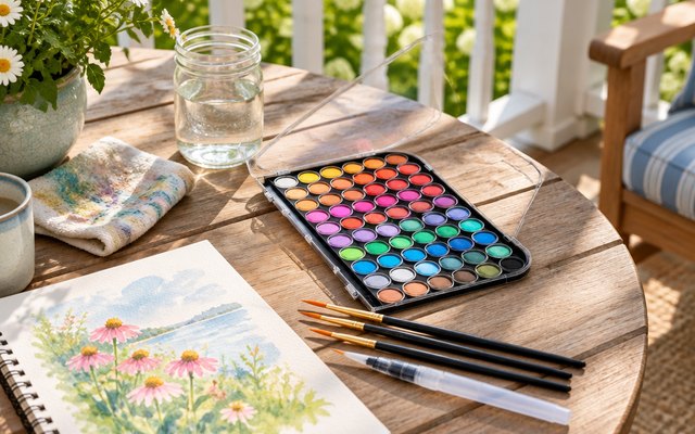 GETHPEN watercolor set, open on a sunny porch table beside a watercolor pad and brushes