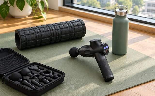 Black massage gun with its open case and a foam roller on a green yoga mat by a window