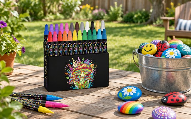 Betem acrylic paint markers, on a picnic table in a backyard beside a bucket of brightly painted rocks