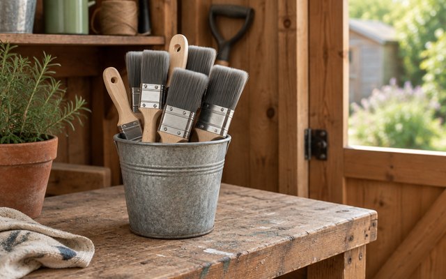 ProDec decorating brush set, standing bristles-up in a metal pot on a workbench in a garden shed