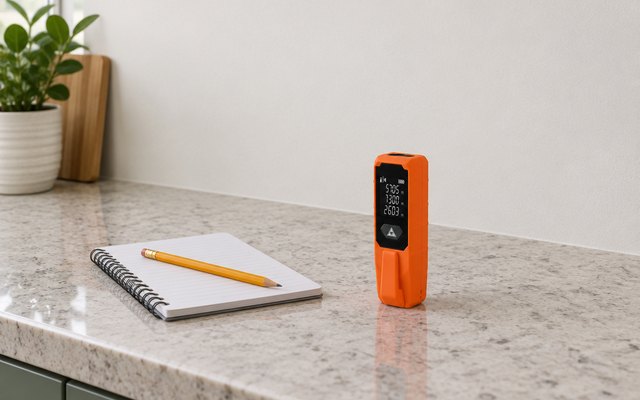 Klein Tools compact laser measure, on a kitchen countertop beside a notepad and pencil, an empty stretch of wall above
