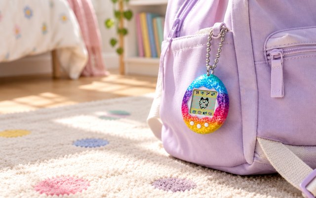 A rainbow glitter egg-shaped virtual pet on a ball chain clipped to a pastel backpack