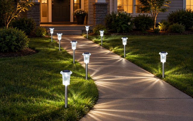 DenicMic solar pathway lights, lining a front walkway to a suburban porch at dusk