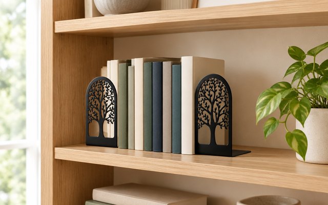 HappyHapi tree bookends on a light oak bookshelf