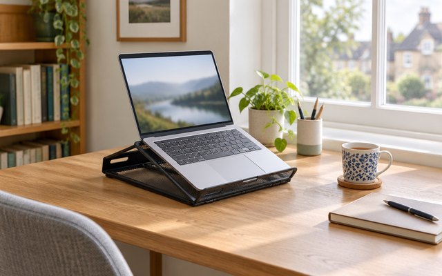 Amazon Basics ventilated laptop stand, holding an open laptop on a home office desk