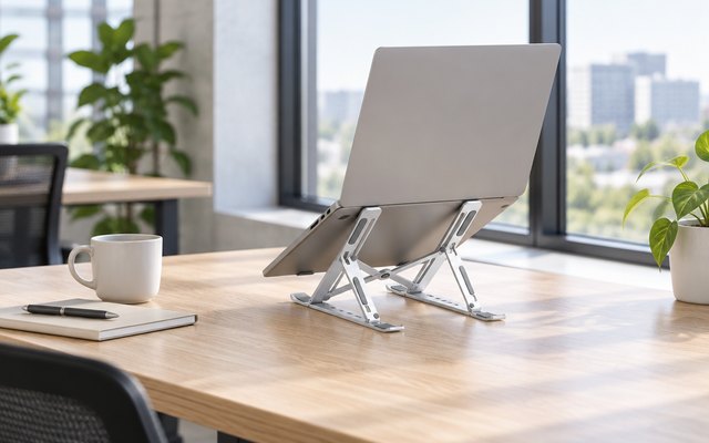 Amazon Basics foldable laptop stand, on a shared desk in a bright co-working office by a big window
