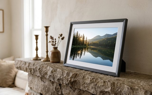 Charcoal-grey digital photo frame with a wide white mat on a stone fireplace mantel, showing a mountain lake at sunrise