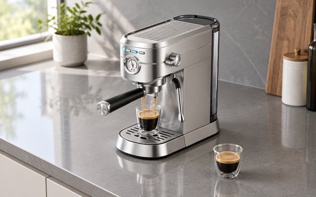 Slim silver espresso machine with a pressure gauge on a grey quartz counter in a modern apartment kitchen, a small cup of espresso beside it