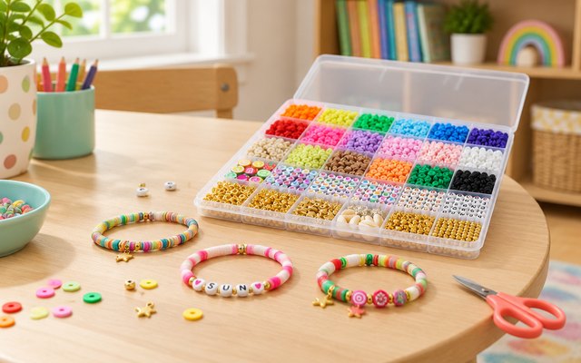 Clay bead bracelet kit case, open on a kids' play table, seen from a low side angle, a few finished clay bead bracelets beside it