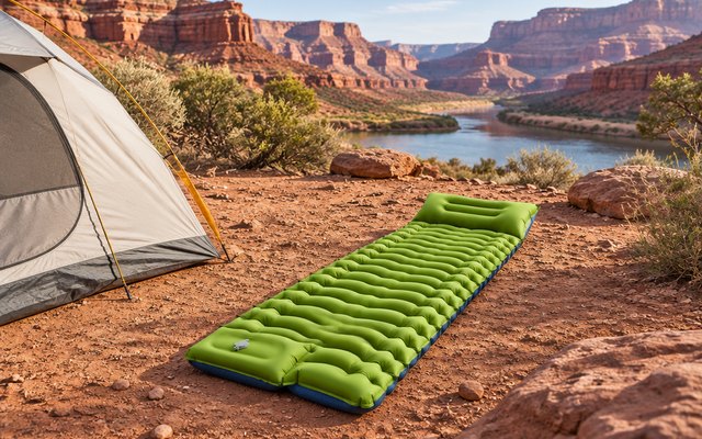 FUN PAC inflatable sleeping pad, on a flat spot beside a small backpacking tent in a red-rock desert canyon