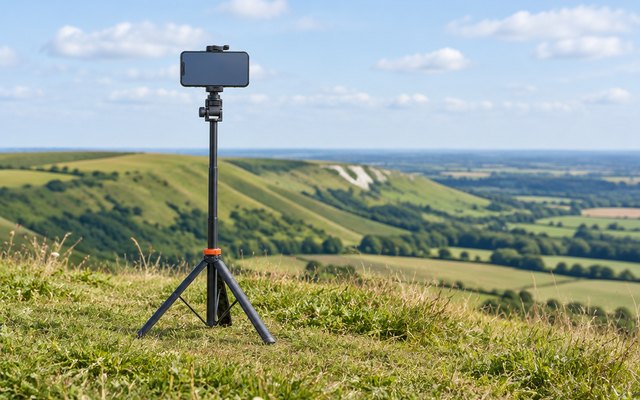 Eucos phone tripod, standing on its legs on a grassy hilltop in the South Downs, a phone clamped on top