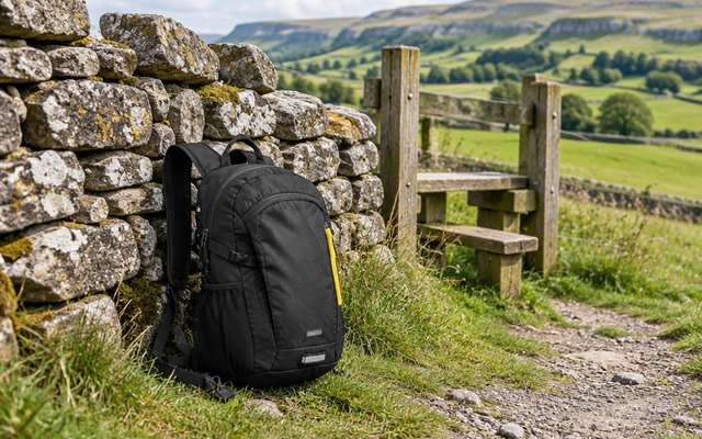 SKYSPER 20L daypack, propped against a stone wall beside a footpath, green fields behind