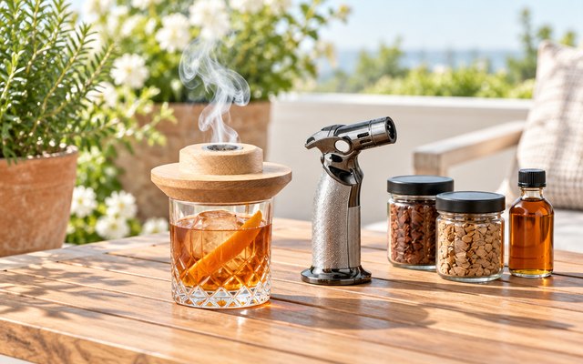 Oak smoker lid on an old fashioned with a wisp of smoke, torch beside, on a sunny patio table