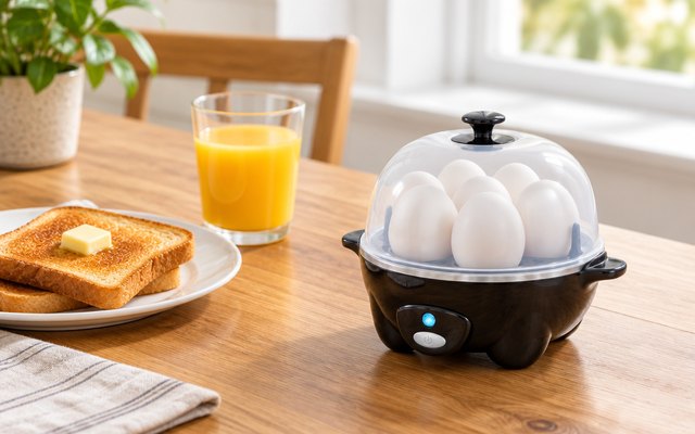 Elite Gourmet Rapid egg cooker, on a wooden breakfast table beside a plate of toast and a glass of orange juice