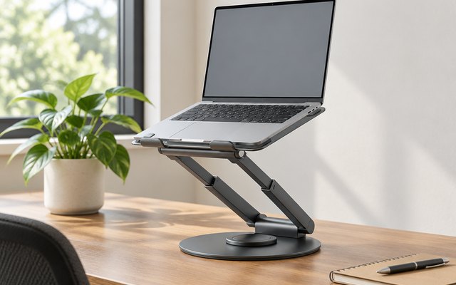 tounee LS07 EXPRO Telescopic Laptop Stand with Swivel Base, holding an open laptop with a plain gray desktop screen on a desk with a plant and a notebook