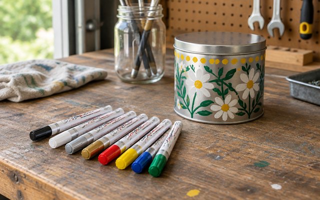 Overseas oil-based paint pens, on a garage workbench beside a glass jar and a metal tin being decorated