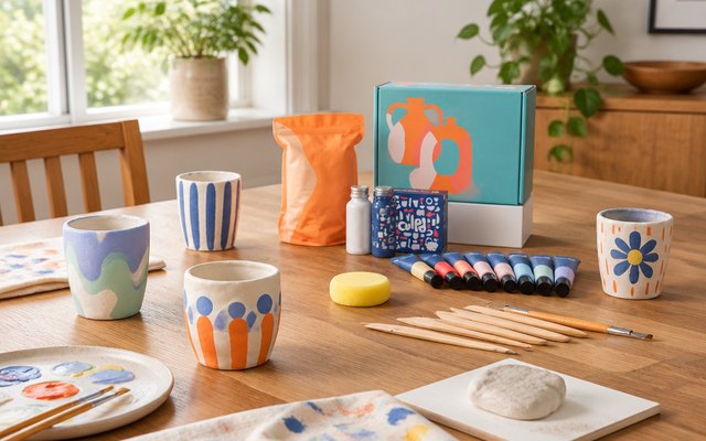 Sculpd Pottery Kit, on a dining table with a few freshly painted handmade cups
