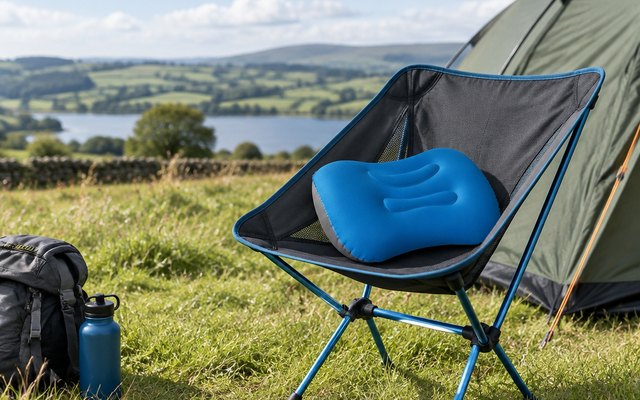 Camping pillow, on a camping chair beside a tent on a grassy British campsite