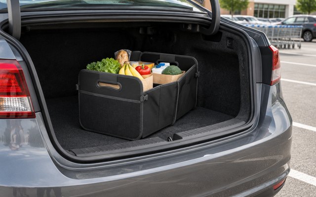 Sposuit collapsible trunk organizer, in the open trunk of a sedan in a supermarket parking lot