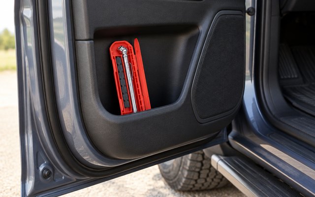 Pair of pencil tire pressure gauges, in the open door pocket of a pickup truck