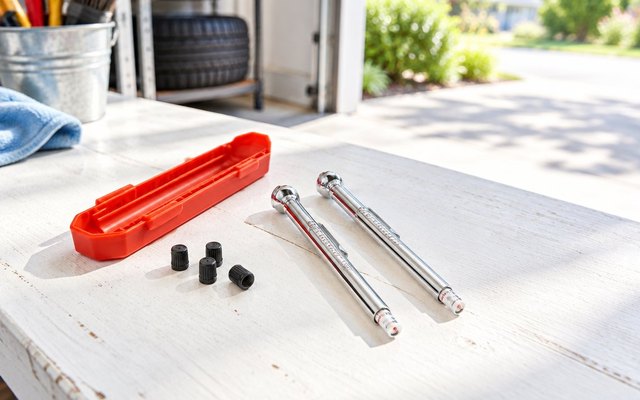 Two pencil tire gauges, a red case and spare valve caps on a white workbench in a bright garage