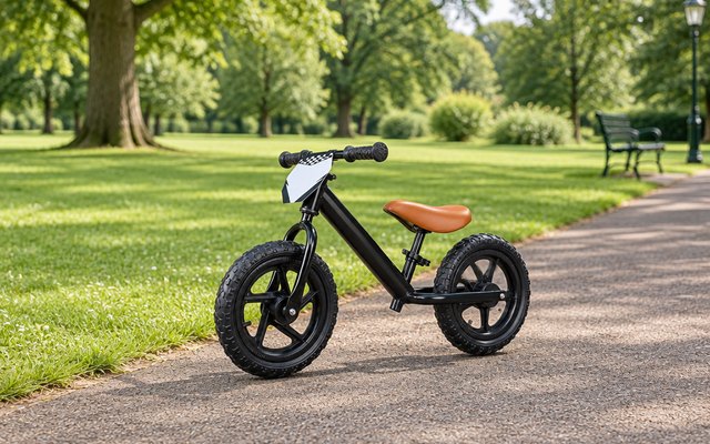 Toddler balance bike, standing on a park path beside a mown lawn in a British park