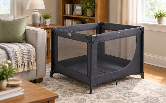 Pamo Babe Portable Playard, set up in a grandparents living room beside a sofa