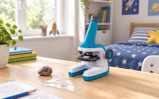 National Geographic kids' microscope, on a children's desk in a bright bedroom beside a few glass slides and a rock