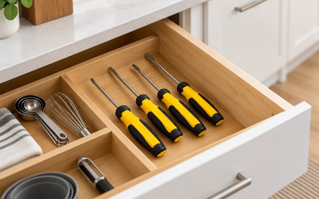 DEWALT 4-piece screwdriver set, in a kitchen drawer organizer in a bright kitchen