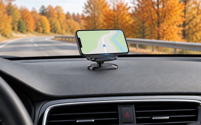 A magnetic phone mount on a car dashboard